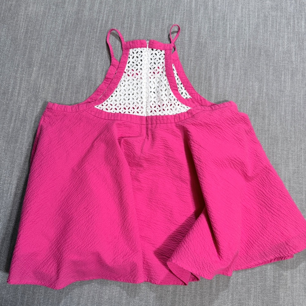 Lauren James Hot Pink Seersucker Eyelet Halter Swing Top Womens Large L